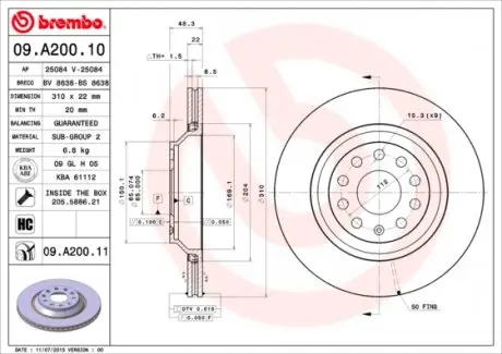 09A20011 Гальмівний диск BREMBO підбір по vin на Brocar