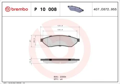 P10008 Гальмівні колодки, дискове гальмо (набір) BREMBO підбір по vin на Brocar