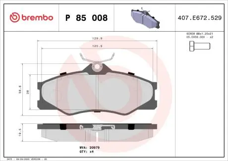 P85008 Тормозные колодки дисковые BREMBO підбір по vin на Brocar