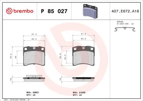P85027 Тормозные колодки дисковые BREMBO подбор по vin на Brocar
