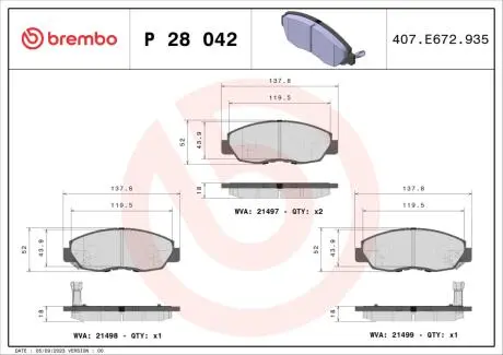 P28042 Гальмівні колодки, дискове гальмо (набір) BREMBO підбір по vin на Brocar