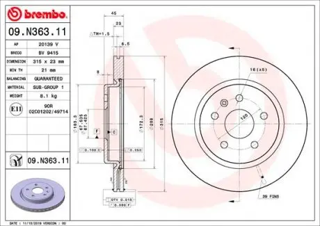 09N36311 Тормозной диск BREMBO підбір по vin на Brocar