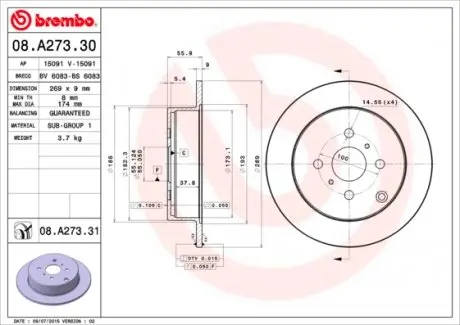 08A27331 Тормозной диск BREMBO подбор по vin на Brocar