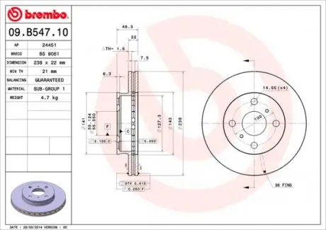 09B54710 Тормозной диск 09.B547.10 BREMBO BREMBO подбор по vin на Brocar
