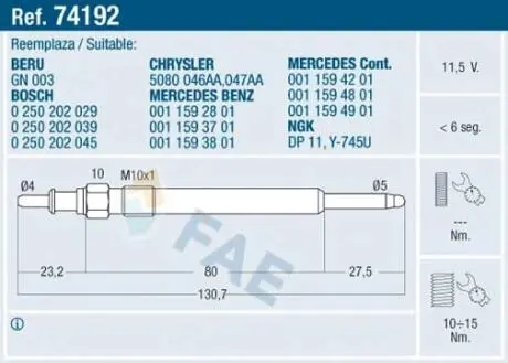 74192 Свічка розжарювання FAE підбір по vin на Brocar