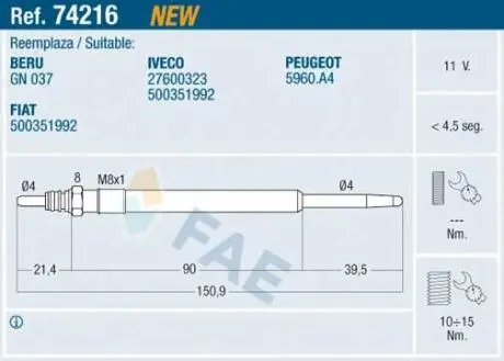 74216 Свіча розжарювання FAE підбір по vin на Brocar