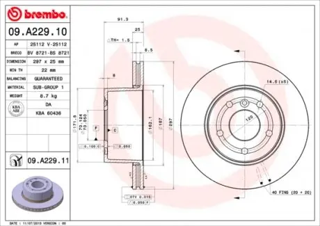 09A22911 Диск гальмівний BREMBO підбір по vin на Brocar