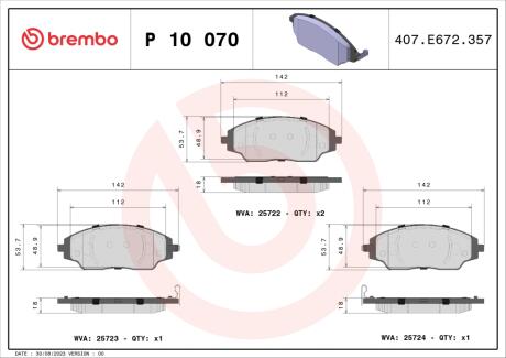 P10070 Тормозные колодки дисковые BREMBO підбір по vin на Brocar