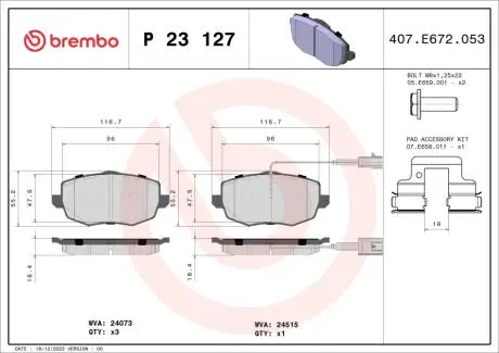 P23127 Гальмівні колодки, дискове гальмо (набір) BREMBO підбір по vin на Brocar