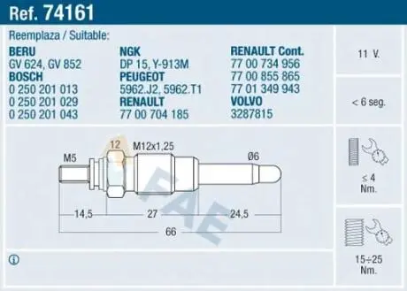 74161 Свіча розжарювання FAE підбір по vin на Brocar