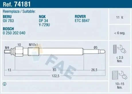 74181 Свічка розжарювання FAE підбір по vin на Brocar