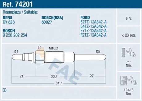 74201 Свеча накаливания FAE подбор по vin на Brocar