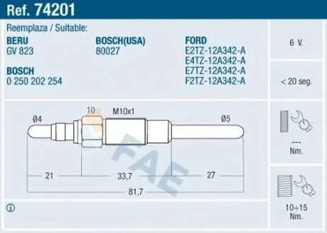 74201 Свеча накаливания FAE підбір по vin на Brocar