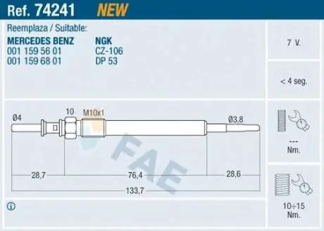 74241 Свічка розжарювання FAE підбір по vin на Brocar