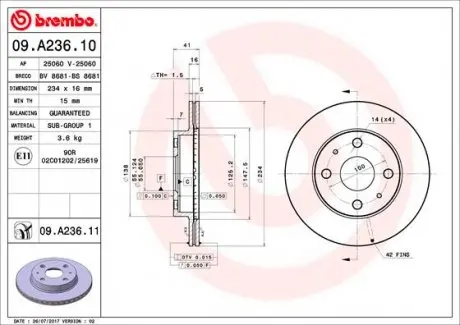09A23611 Гальмівний диск BREMBO підбір по vin на Brocar