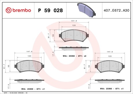 P59028 Гальмівні колодки, дискове гальмо (набір) BREMBO підбір по vin на Brocar