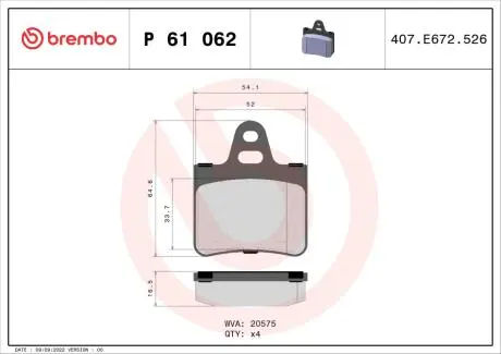 P61062 Комплект гальмівних колодок, дискове гальмо BREMBO підбір по vin на Brocar