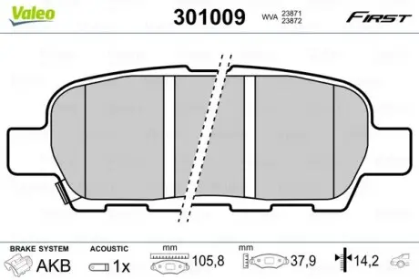 301009 Комплект тормозных колодок, дисковый тормоз 301009 VALEO VALEO подбор по vin на Brocar