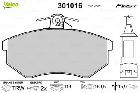 301016 Колодки гальмівні VW P. GOLF/PASSAT/VENTO 86-98 VALEO підбір по vin на Brocar