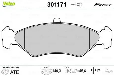 301171 Гальмівні колодки дискові FORD Fiesta "1,0-1,8 "F "89-08 VALEO підбір по vin на Brocar