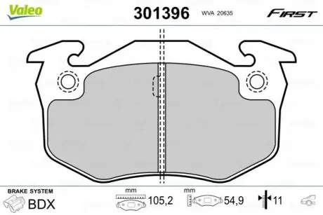 301396 Колодки гальмівні PEUGEOT T. 106/206/306/309 93- VALEO підбір по vin на Brocar