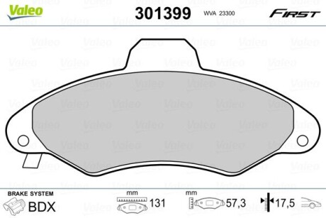 301399 Комплект тормозных колодок, дисковый тормоз 301399 VALEO VALEO подбор по vin на Brocar