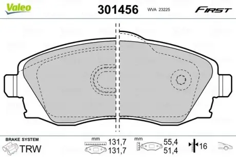 301456 Гальмівні колодки дискові OPEL Combo/CorsaC/Meriva/Tigra "1,0-1,8 "F "00-10 VALEO підбір по vin на Brocar