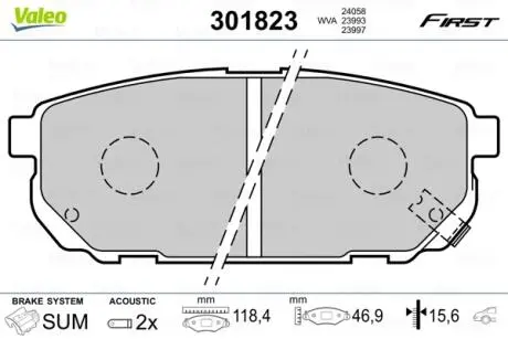 301823 Гальмівні колодки дискові KIA Sorento "2,4-3,5 "R "02>> VALEO підбір по vin на Brocar