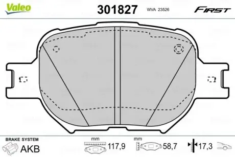 301827 Колодки гальмівні TOYOTA P. COROLLA VERSO 02- VALEO підбір по vin на Brocar