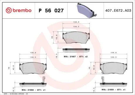 P56027 Комплект гальмівних колодок, дискове гальмо BREMBO підбір по vin на Brocar