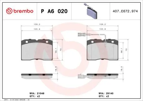 PA6020 Гальмівні колодки дискові BREMBO підбір по vin на Brocar