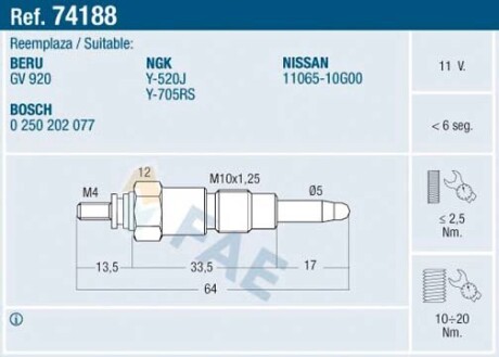 74188 Свеча накаливания FAE підбір по vin на Brocar