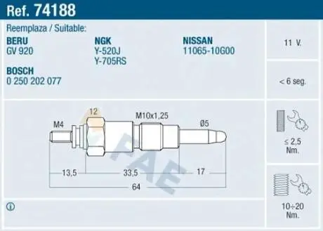 74188 Свічка розжарювання FAE підбір по vin на Brocar