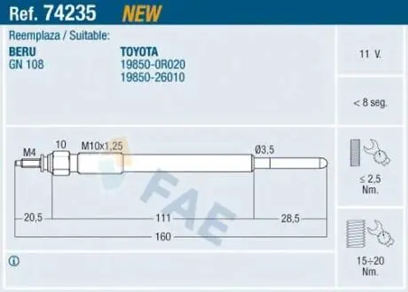 74235 Свічка розжарювання FAE підбір по vin на Brocar