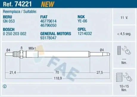 74221 Свічка розжарювання FAE підбір по vin на Brocar