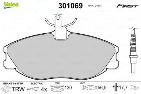 301069 Гальмівні колодки дискові CITROEN/PEUGEOT Xsara/ZX/406/306 "1,9-3,0 "F "96-05 VALEO підбір по vin на Brocar