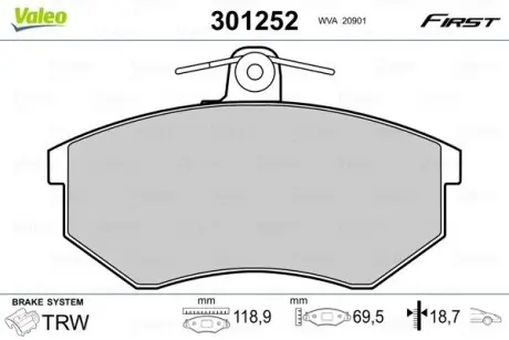 301252 Колодки гальмівні VW P. CADDY/GOLF/PASSAT/VENTO 88-04 BEZ CZUJNIKA VALEO підбір по vin на Brocar