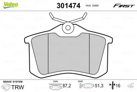 301474 Колодки гальмівні RENAULT T. MEGANE/SCENIC/FLUENCE 02- VALEO підбір по vin на Brocar
