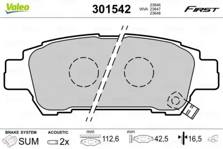 301542 Гальмівні колодки дискові YOYOTA Avensis/Previa "2,0-2,4 "R "00-09 VALEO підбір по vin на Brocar