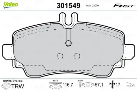 301549 Гальмівні колодки дискові MERCEDES A-Class &quot;1,4-2,1 &quot;F &quot;97-04 VALEO підбір по vin на Brocar