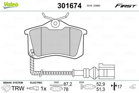 301674 Комплект тормозных колодок, дисковый тормоз 301674 VALEO VALEO подбор по vin на Brocar