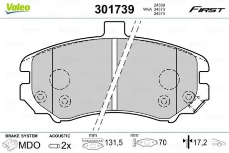 301739 Гальмівні колодки дискові HYUNDAI Elantra "1,6-2,0 "F "00-06 VALEO підбір по vin на Brocar