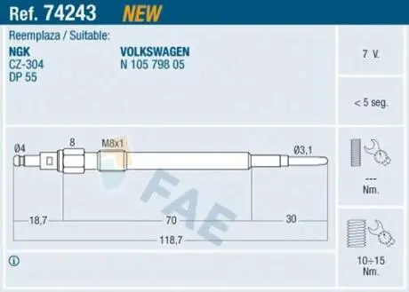74243 Свічка розжарювання FAE підбір по vin на Brocar