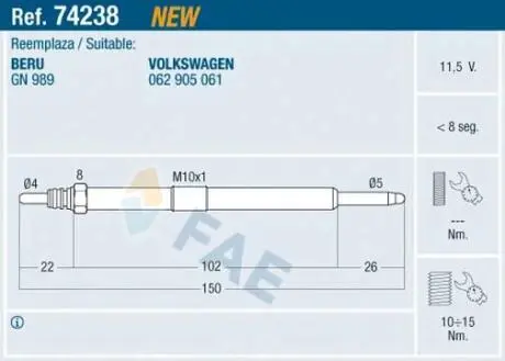 74238 Свеча накаливания FAE підбір по vin на Brocar