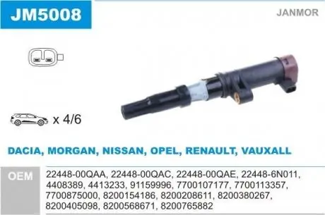 JM5008 Котушка запалювання JANMOR підбір по vin на Brocar