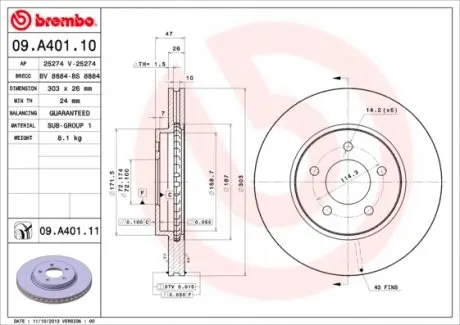 09A40111 Гальмівний диск BREMBO підбір по vin на Brocar