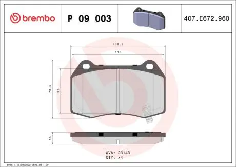 P09003 Гальмівні колодки дискові BREMBO підбір по vin на Brocar