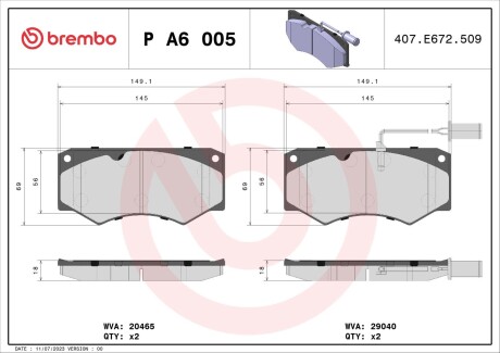 PA6005 Гальмівні колодки, дискове гальмо (набір) BREMBO підбір по vin на Brocar