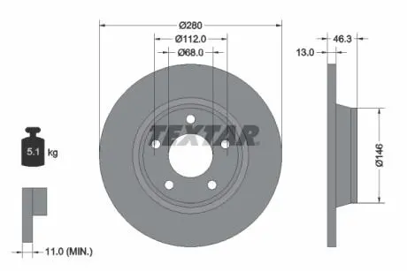 92071605 TARCZA HAMULCOWA PRO+ 280X13 P 5-OTW AUDI A4 SZT ТЕКСТАР TEXTAR підбір по vin на Brocar