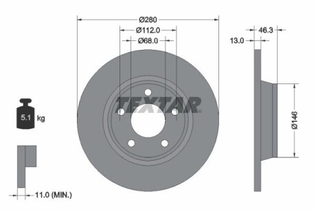 92071603 TARCZA HAMULCOWA 280X13 P 5-OTW AUDI A4 SZT ТЕКСТАР TEXTAR підбір по vin на Brocar